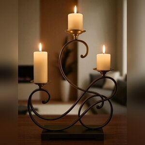Three tier scroll bent iron/brass candle candelabra holder